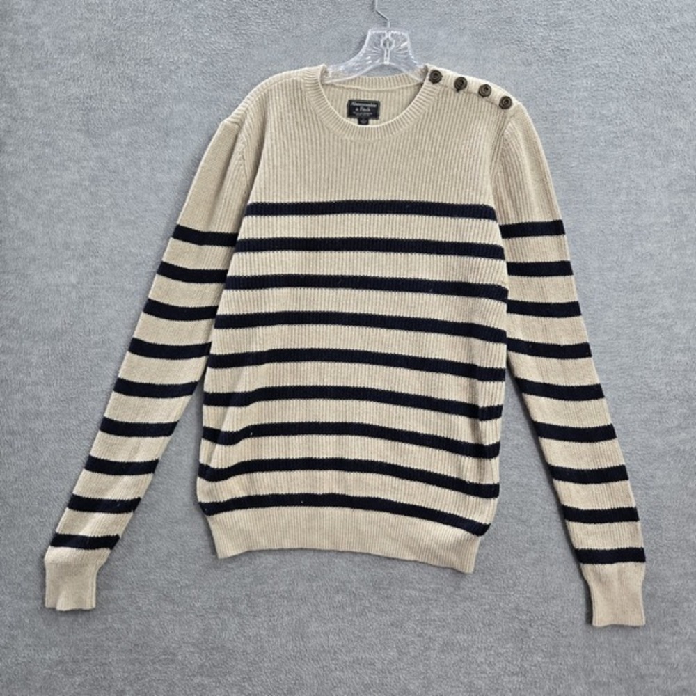 Abercrombie & Fitch Women‎ Sweater Large Beige Nautical Striped Button